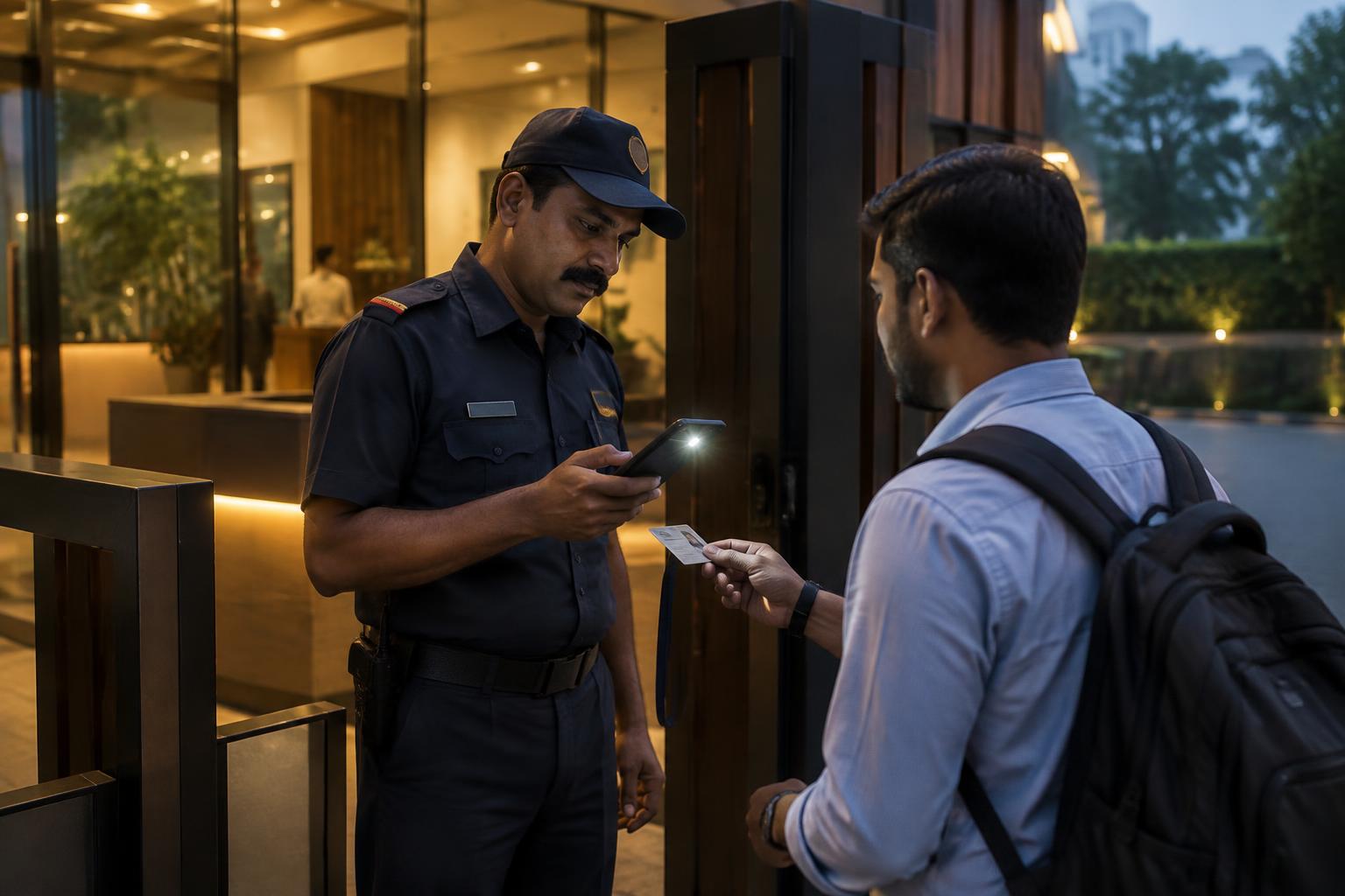 Security guard scanning a visitor's ID card with a phone torch at an office gate in the evening
