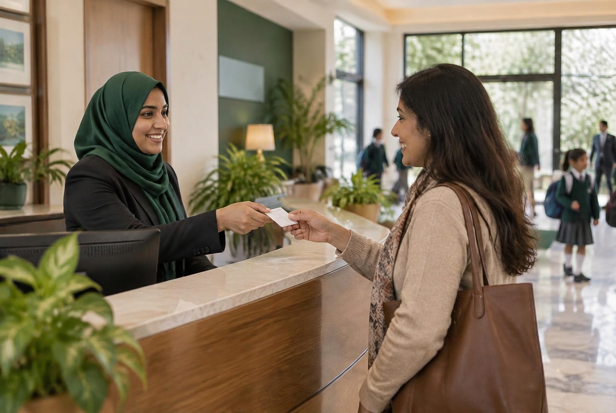 School receptionist welcoming a parent at a bright reception desk
