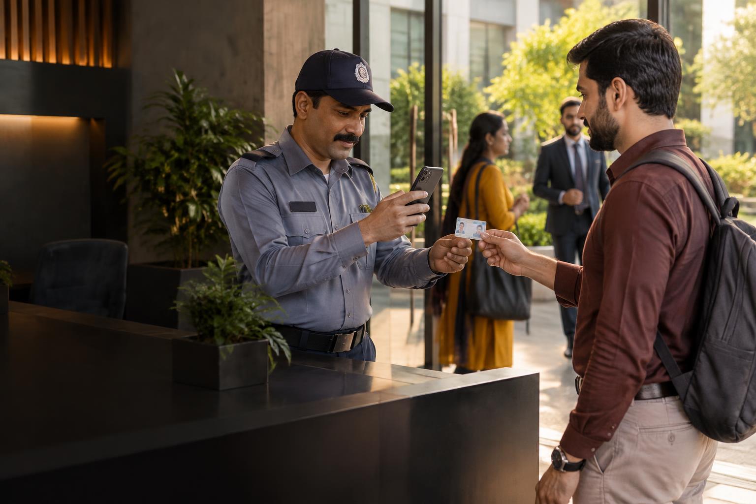 Gatekeeper scanning a visitor's ID card with a phone